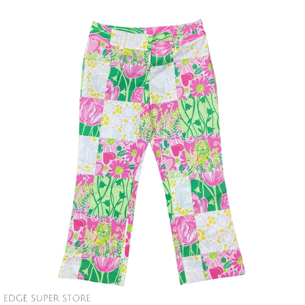 Lilly Pulitzer Pink Green White Floral Capri Floral Cotton Stretch Pants Size 0